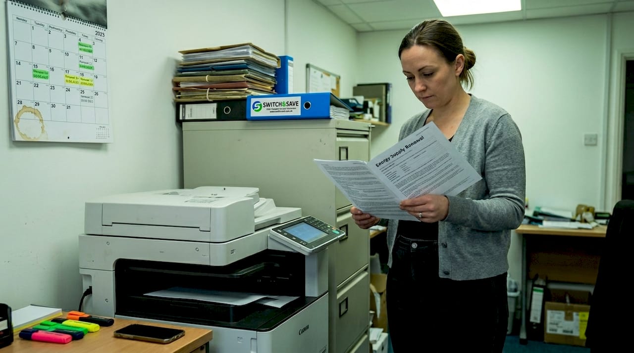 Manager reviews printed energy contract in office