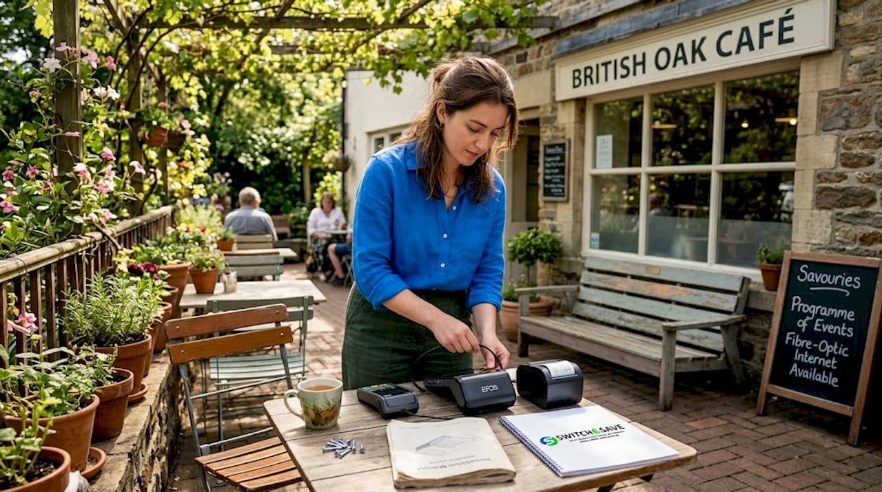 Café owner assembling EPOS system setup