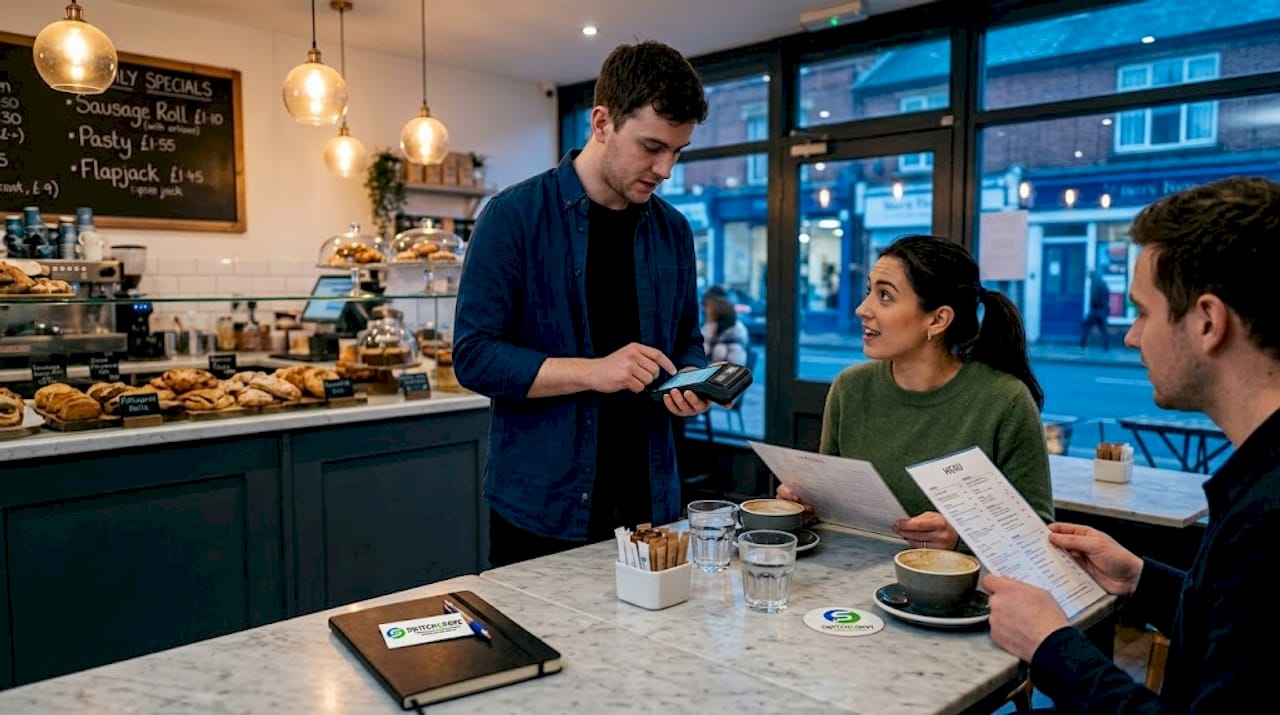 Waiter using handheld POS in café