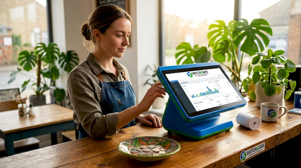 Supervisor checking EPOS system in café setting