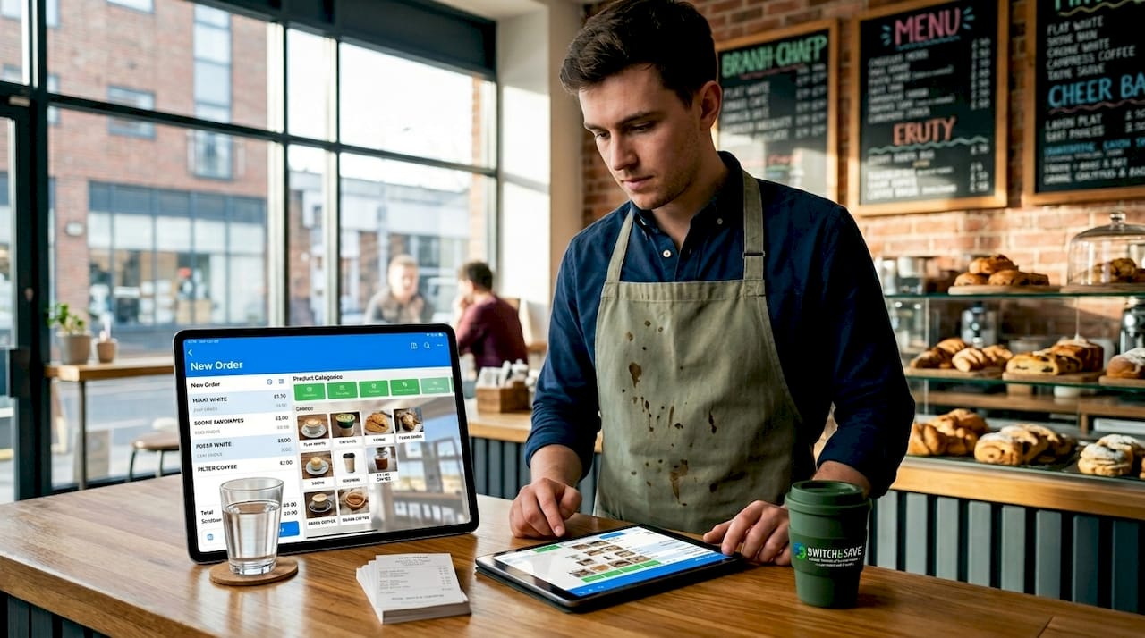 Café barista using tablet POS system