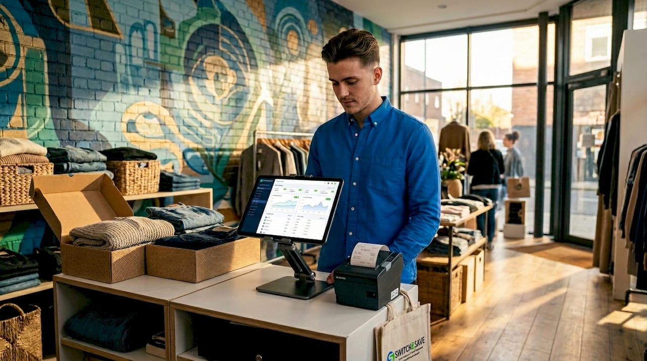 Shop assistant using cloud POS at cash desk