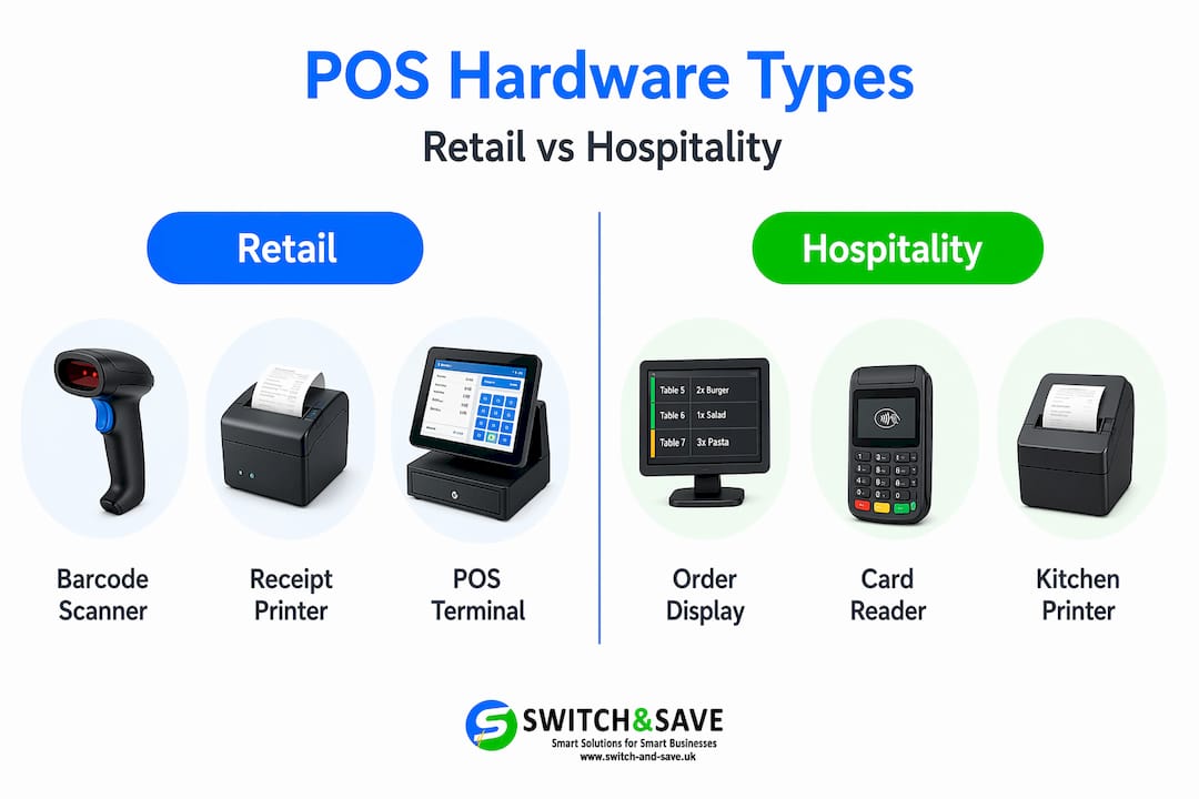 Infographic comparing POS hardware in retail and hospitality