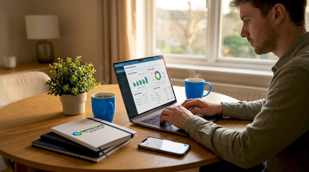 Accountant using laptop and paper tools for workflow