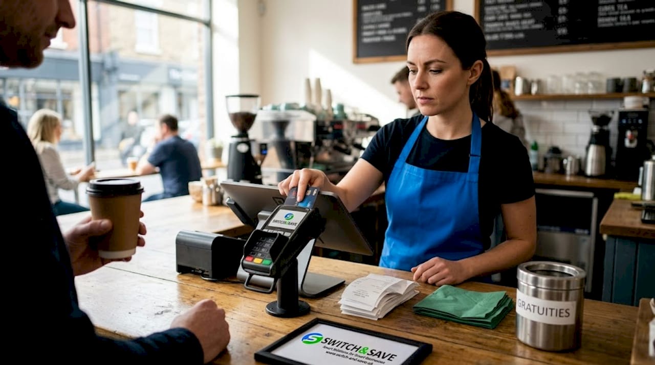 Barista processes card payment in café