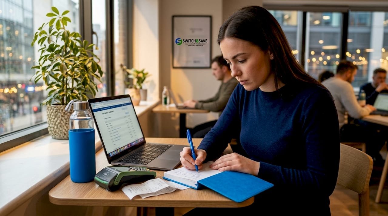 Business owner calculating card processing fees at desk