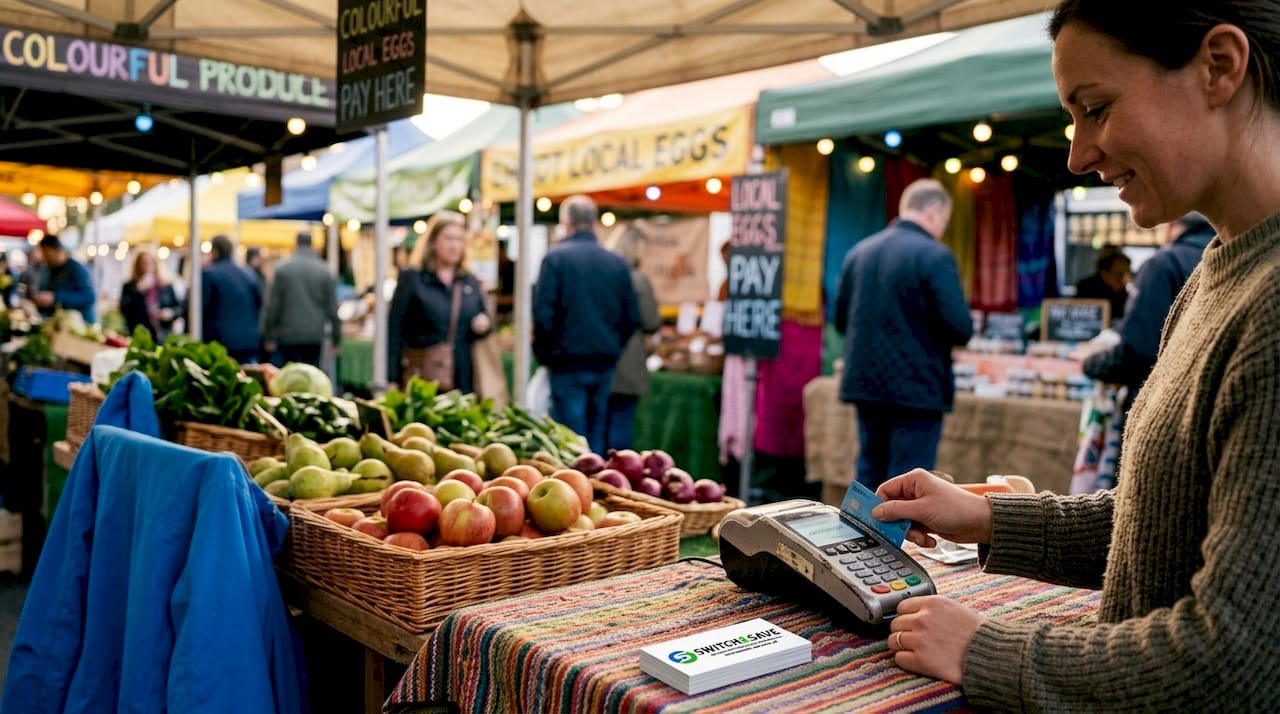 Trader using standalone card machine at market