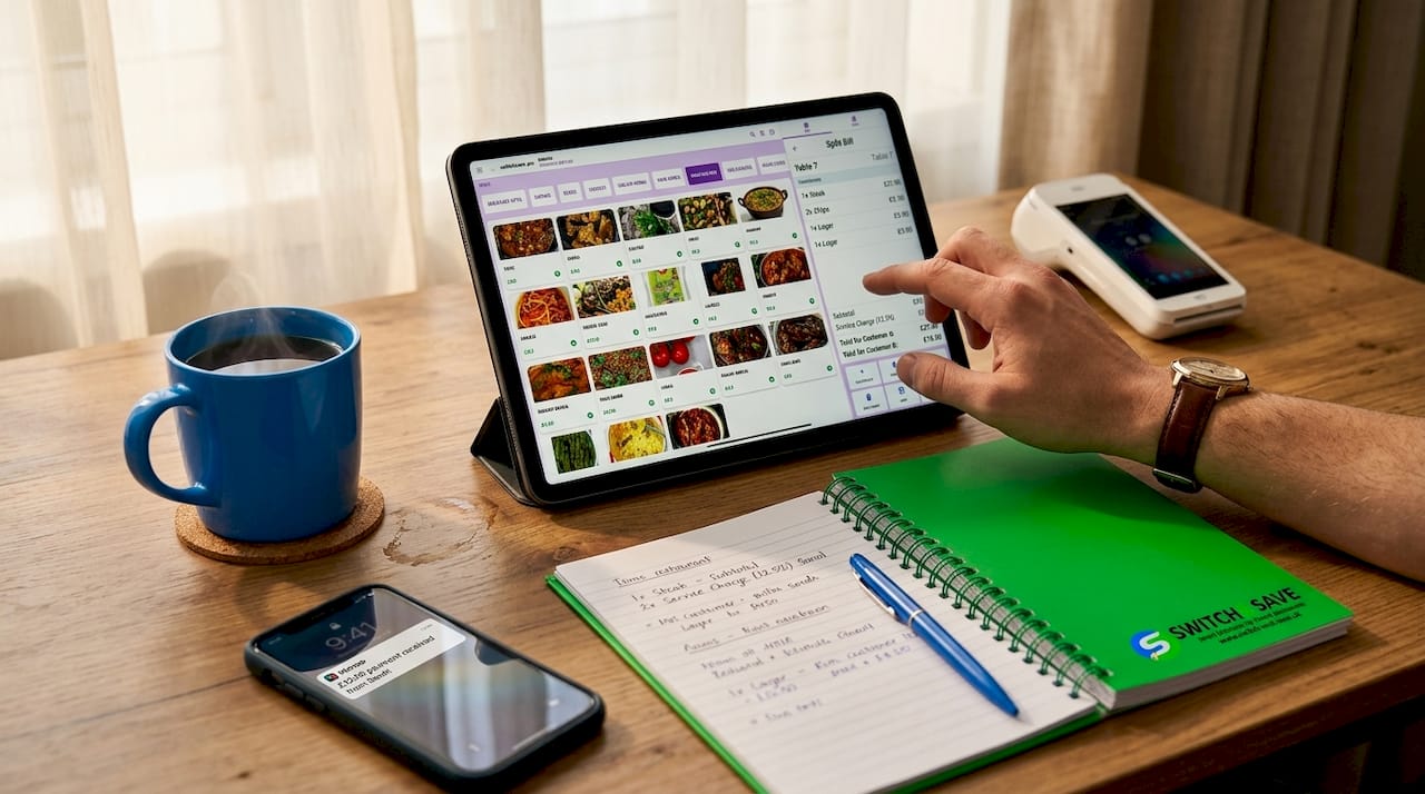 Close-up of tablet showing POS split bill interface