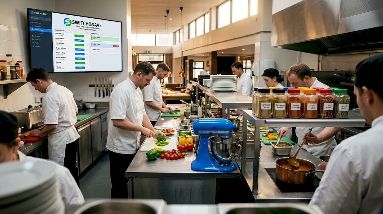 Kitchen staff viewing electronic order display