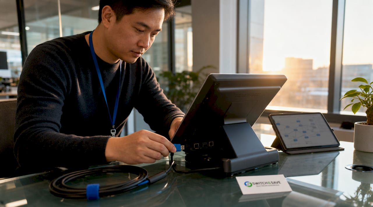 Hands connecting hardware to EPOS system
