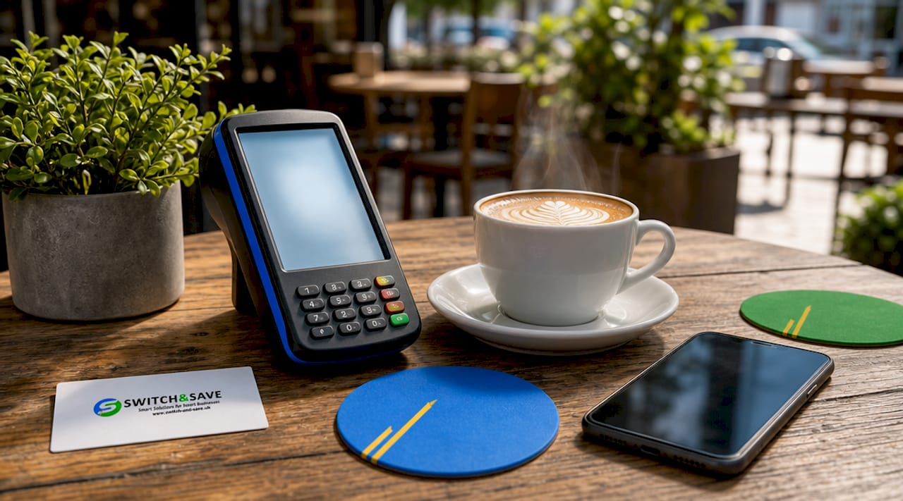 Wireless card machine on cafe table with coffee cup