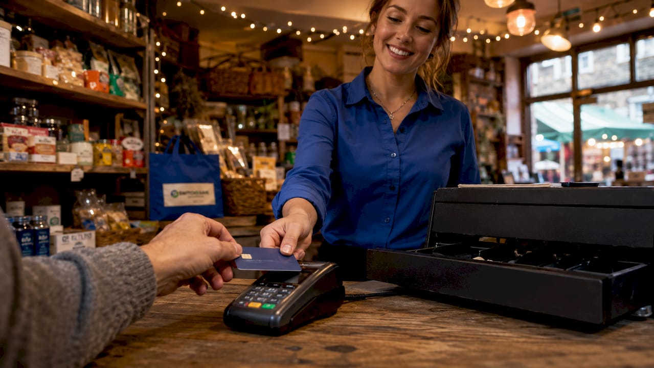 Cashier processing contactless payment on POS terminal