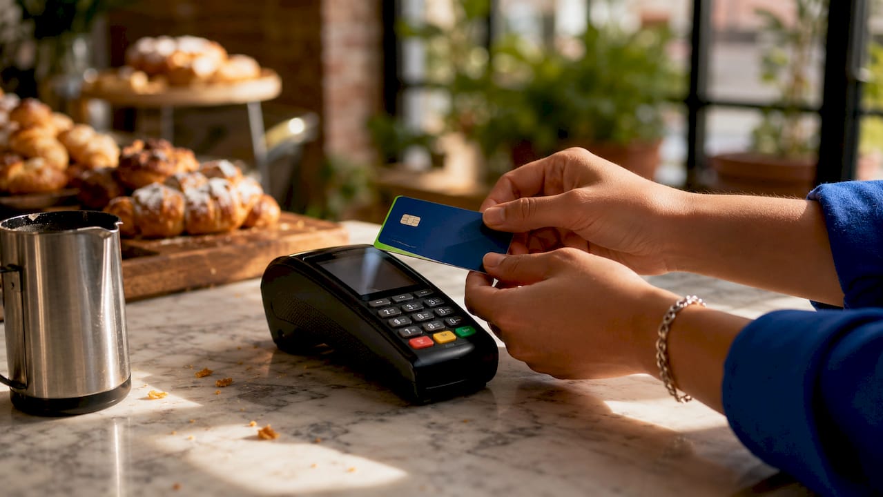 Hands holding credit card over payment terminal