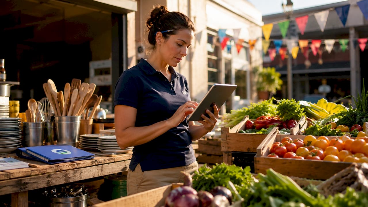 Restaurant manager checking inventory digitally