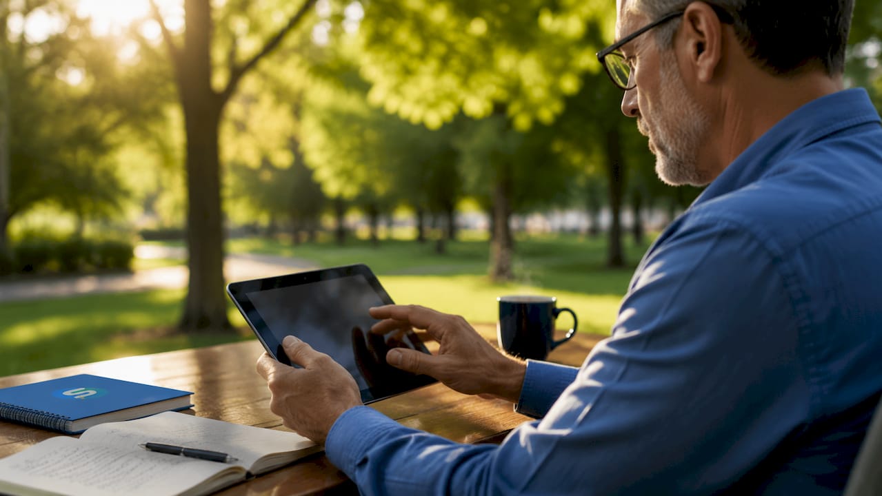 Hands managing inventory on tablet with coffee