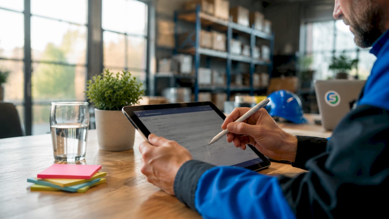 Hands scrolling inventory data on tablet in office