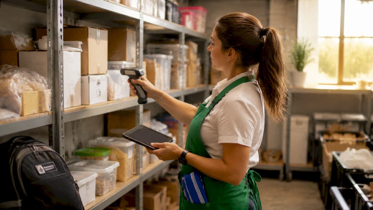Hands scanning inventory in restaurant storage