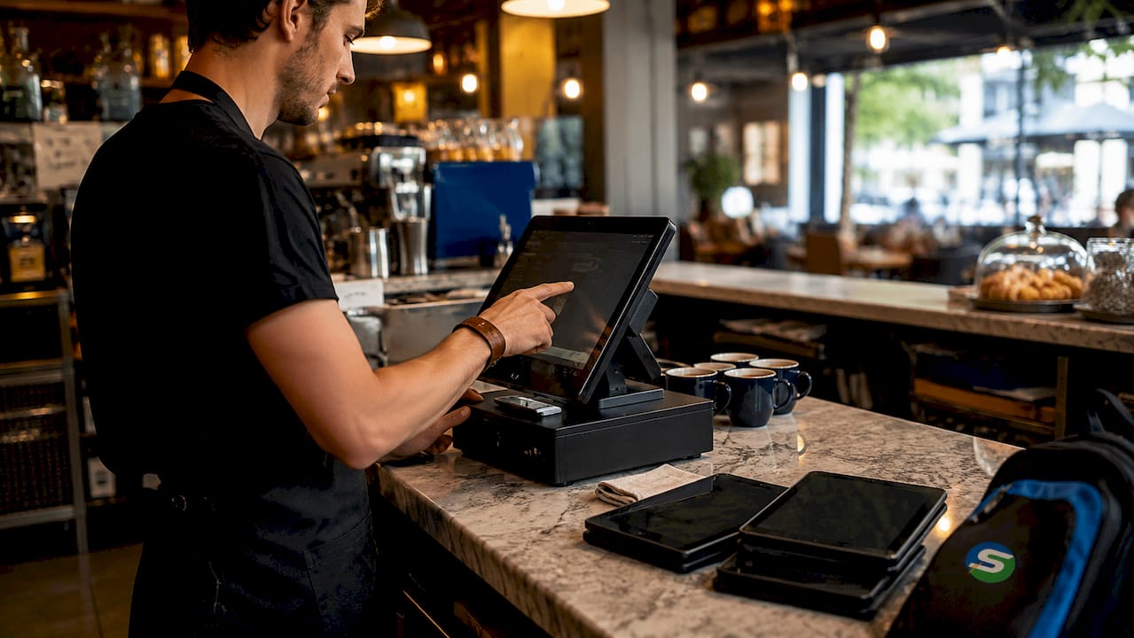 Hands using integrated EPOS among idle tablets