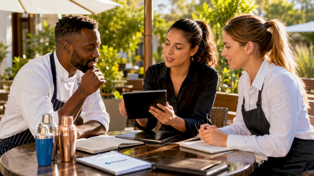 Diverse restaurant staff discussing software features