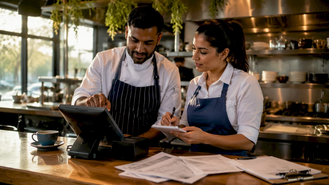 Overhead view of restaurant staff collaborating on POS