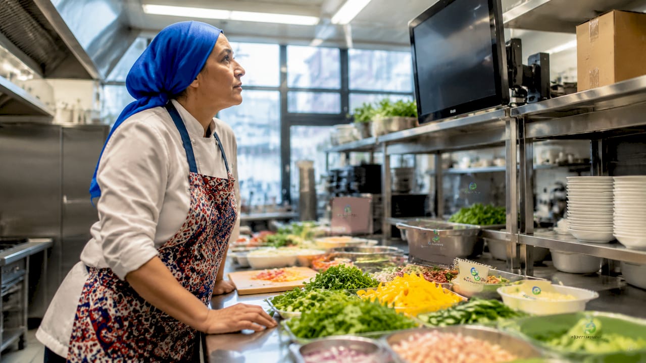 Chef reviewing orders on kitchen display screen
