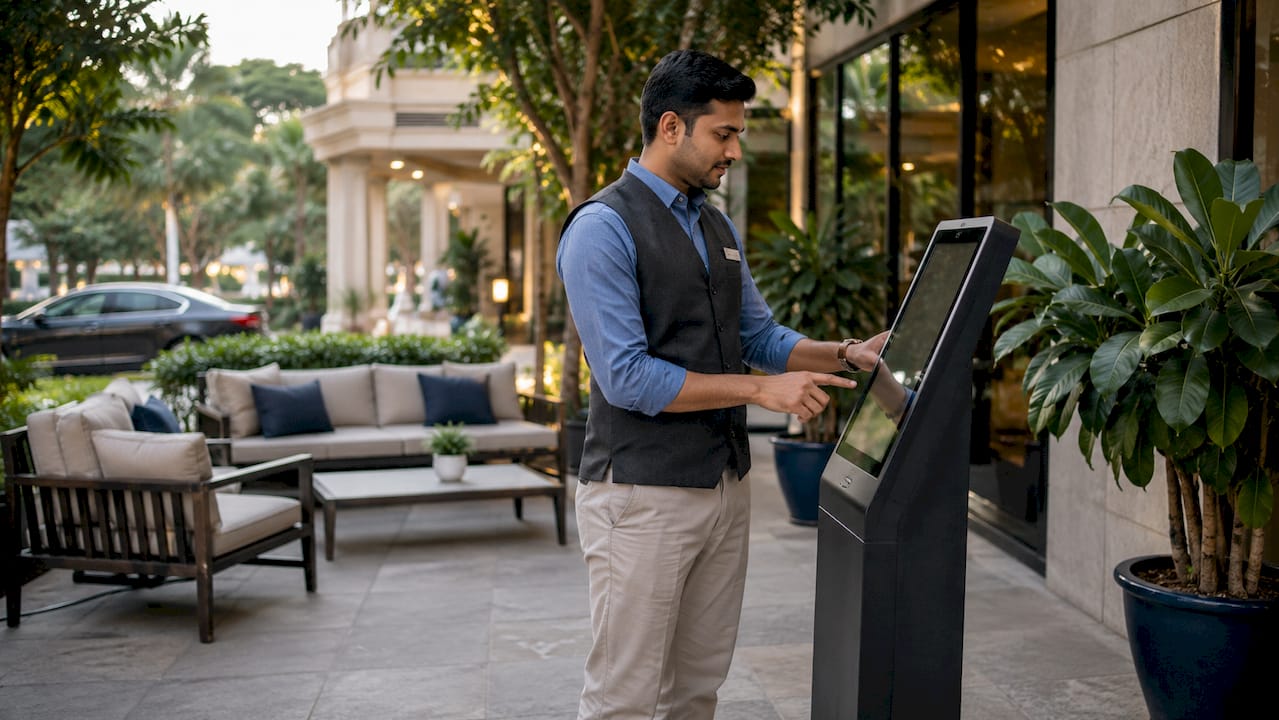 Staff member using check-in automation kiosk in hotel lobby
