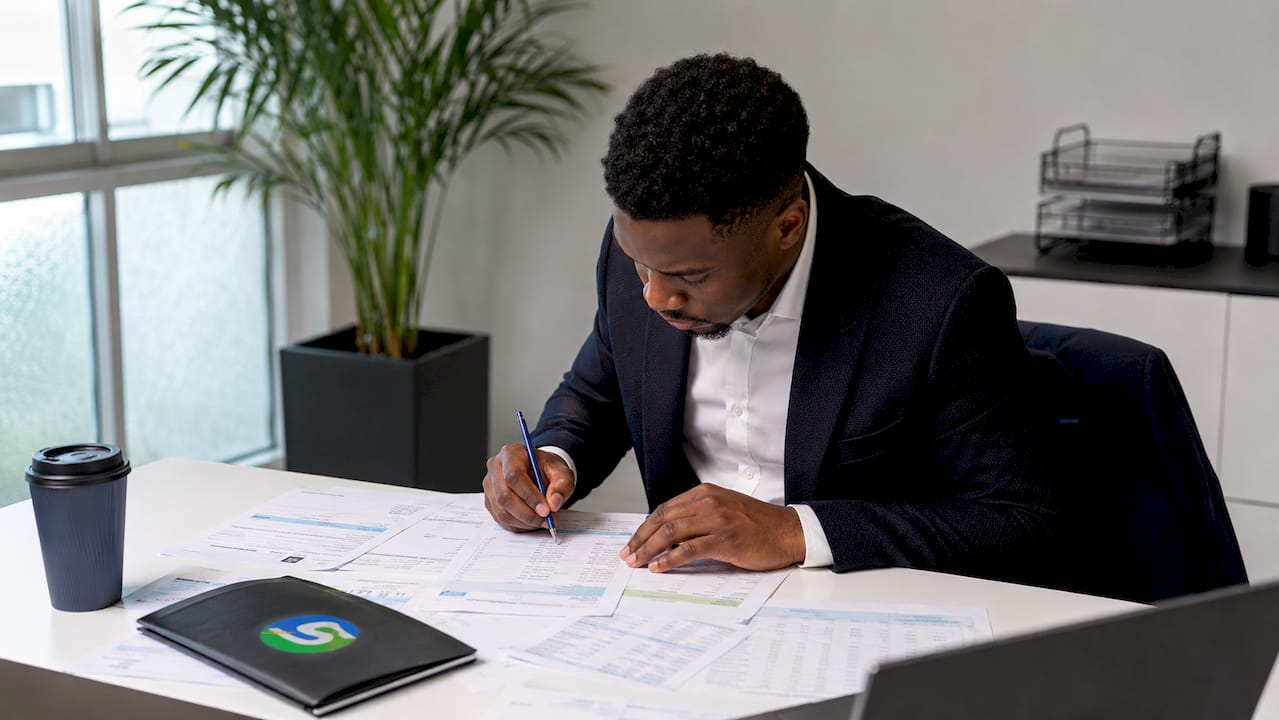Man analyzing hospitality business costs paperwork