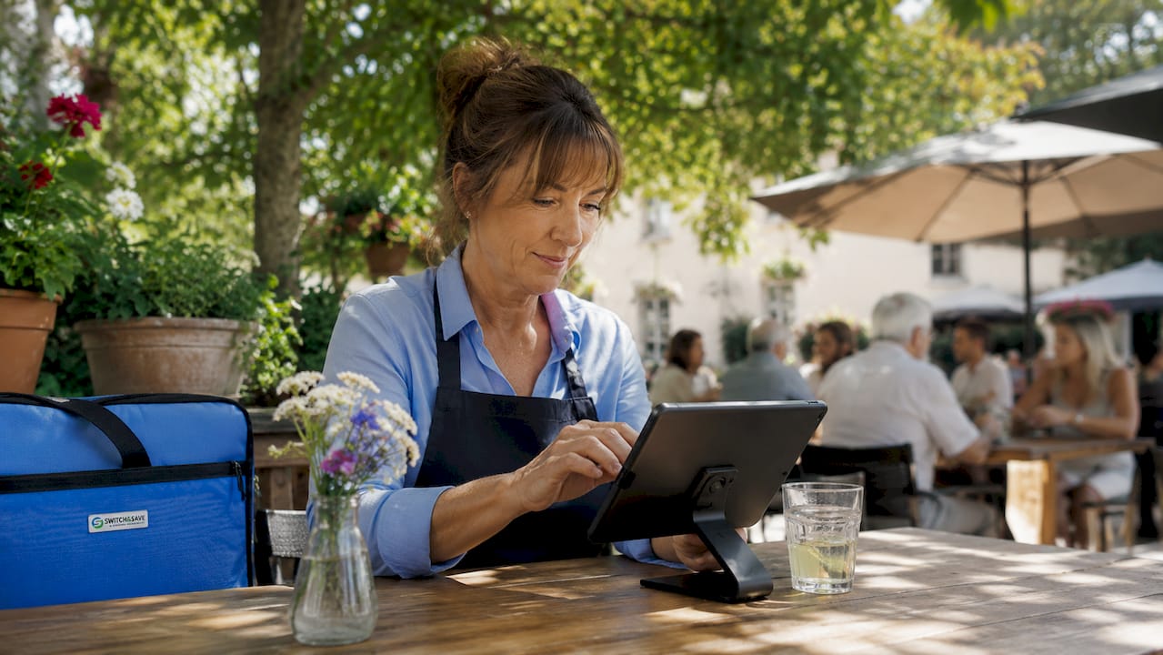 Restaurant owner using cloud EPOS tablet at counter
