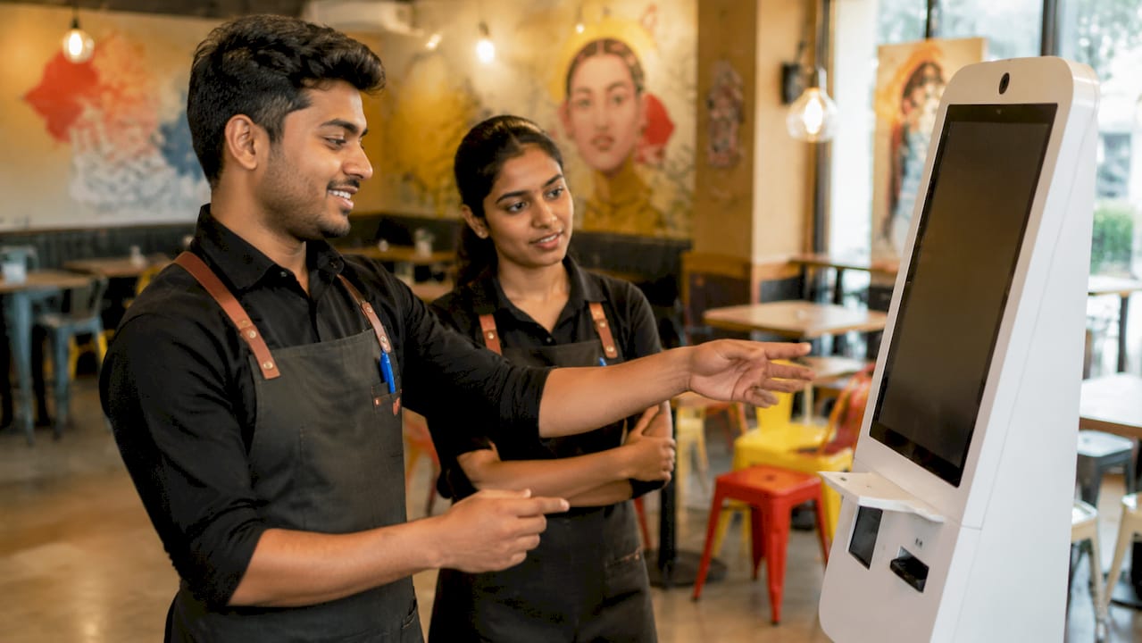 Two restaurant staff discussing kiosk ordering system