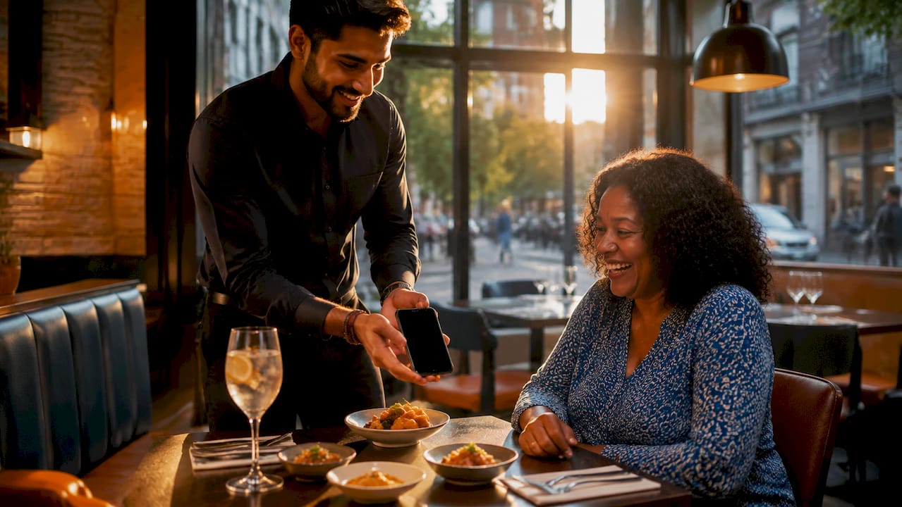 Server giving loyalty card to customer
