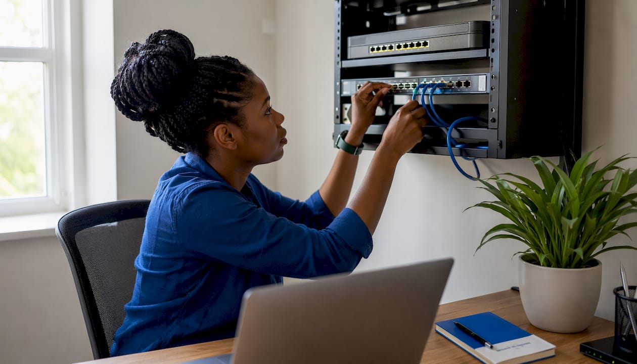 IT specialist configuring secure POS network hardware