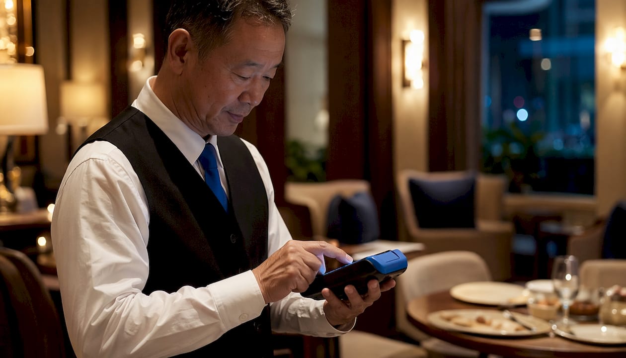 Waiter processing guest payment using handheld POS device