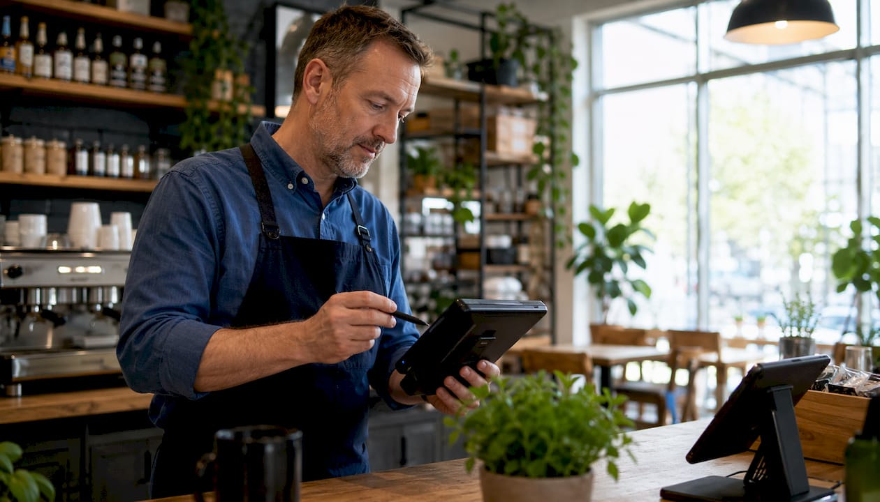 Small business owner troubleshooting EPOS terminal