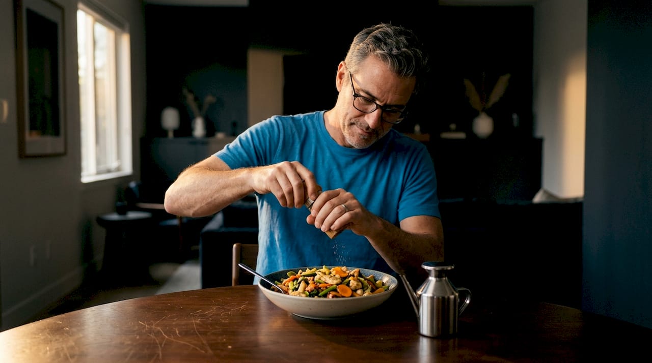Man adding pepper to turmeric meal
