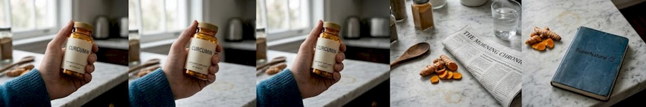 Curcumin supplement bottle and turmeric closeup