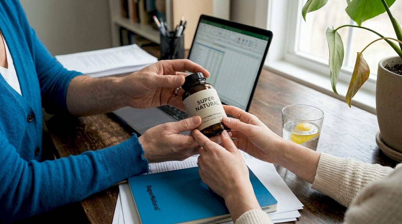 Hands examining plant-based supplement bottle