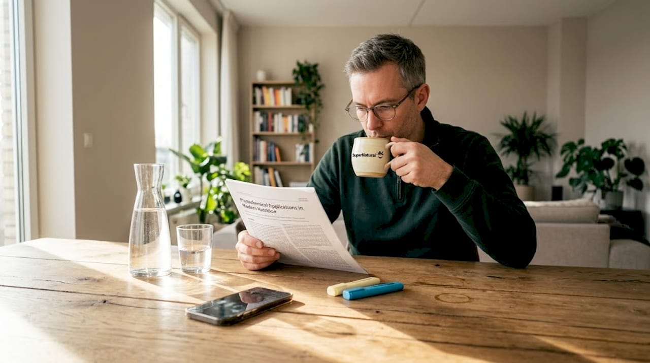 Man reading science article with turmeric tea