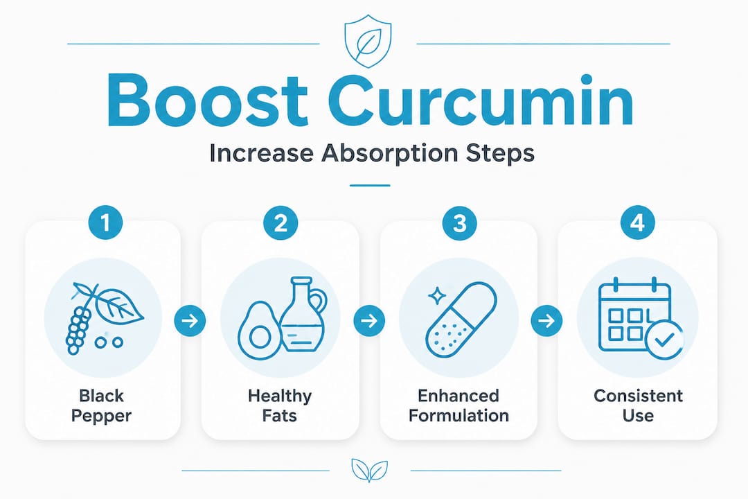 Infographic showing steps to boost curcumin absorption