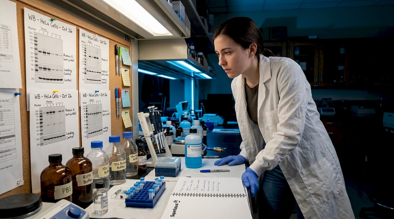 Scientist examining lab protein experiment results