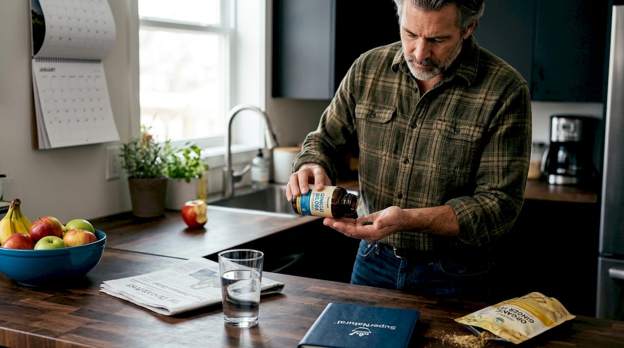 Man takes ginkgo biloba supplement at kitchen counter