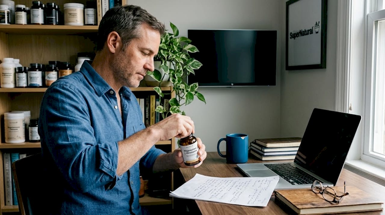 Man opening magnesium supplement bottle at desk
