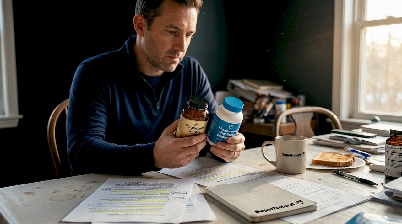 Man compares magnesium supplement labels