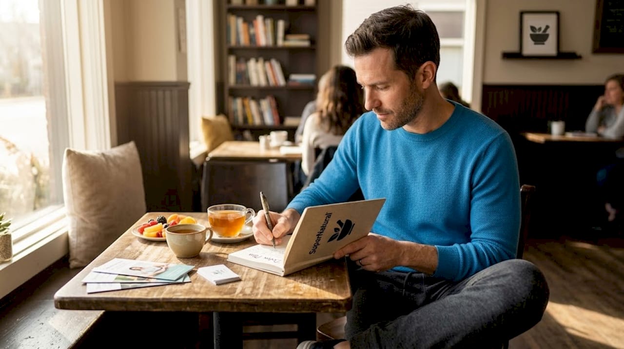 Man journaling curcumin detox plan at table