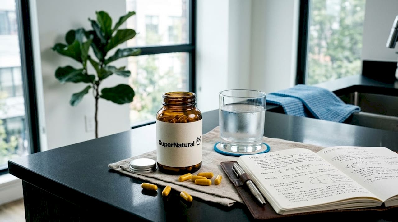 Curcumin capsules open bottle with glass of water