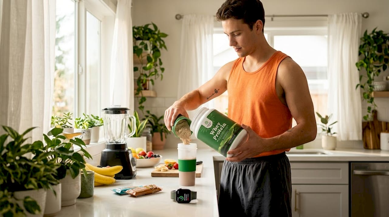Man preparing protein shake in kitchen