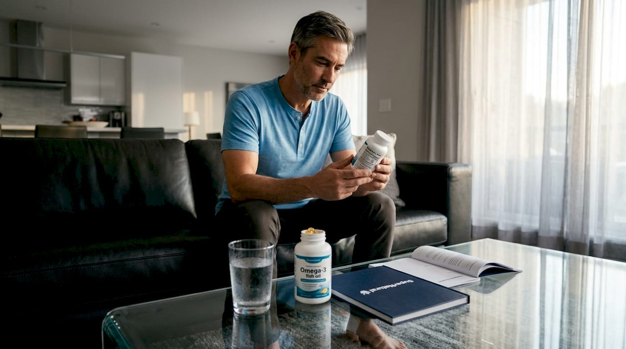 Man studying omega-3 supplement bottle on sofa