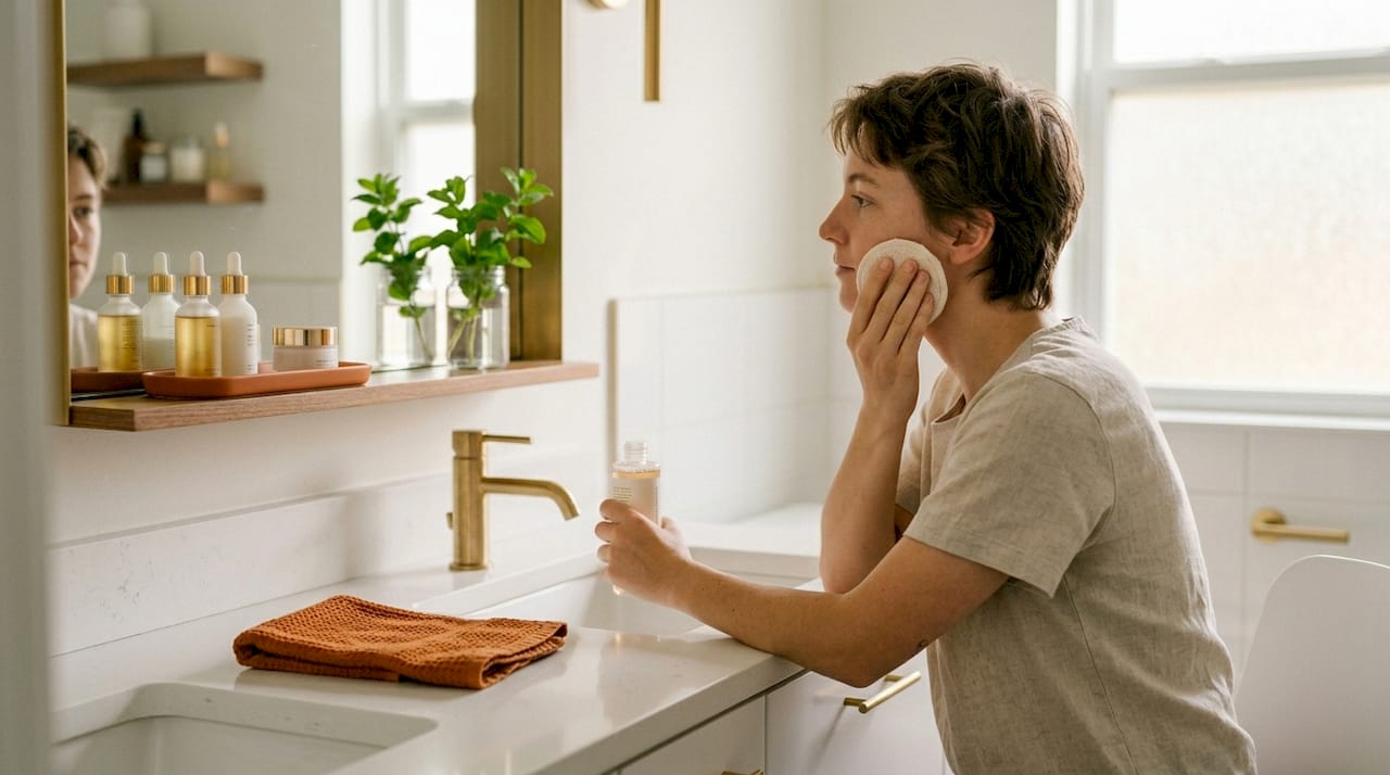 Person applying natural toner at home vanity