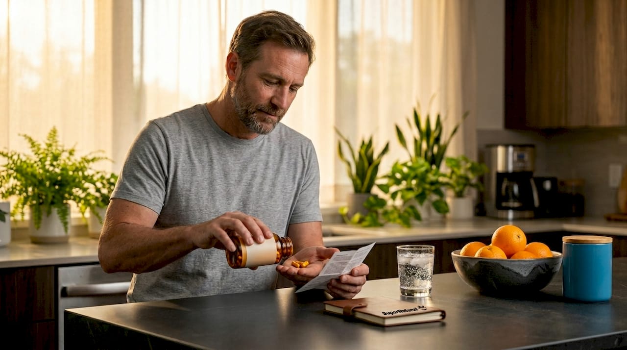 Man reads curcumin supplement in kitchen