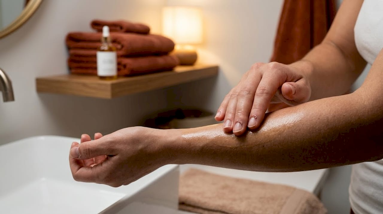 Close-up hand massaging oil onto skin