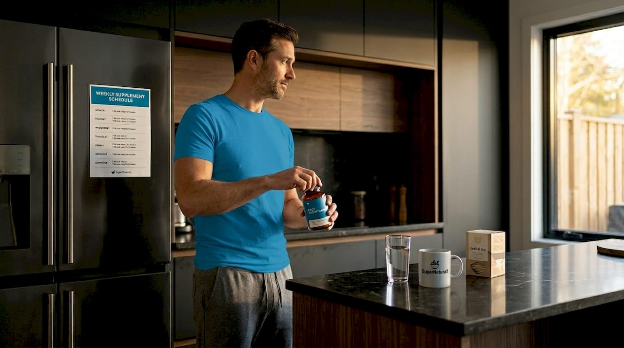 Man checking supplement timing in bathroom